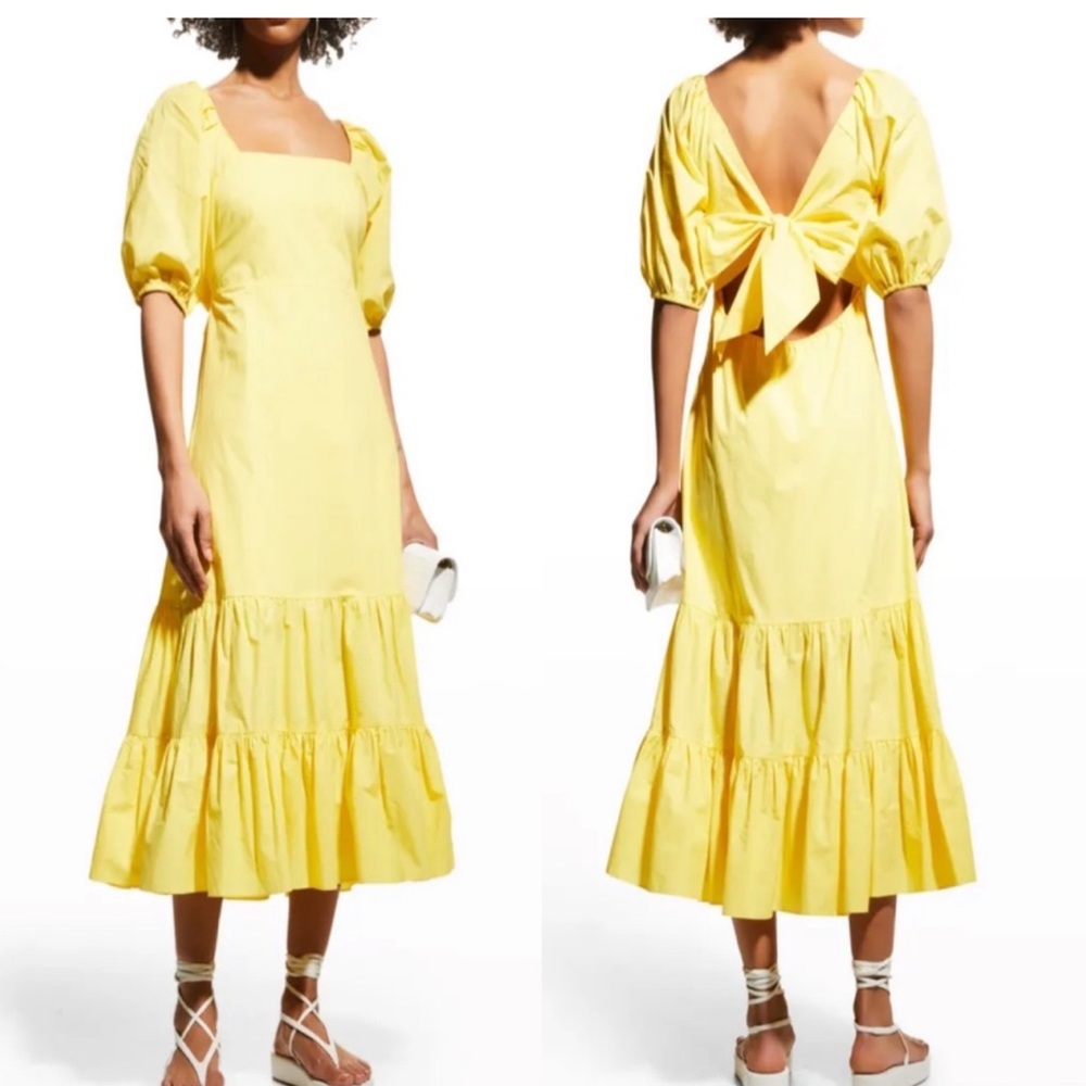 Tanya Taylor | Cynthia Puff-Sleeve Open Back-Tie Midi Dress in Lemon Zest Size 2